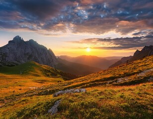 mountain landscape in summer with sunset and  rainbow in the background, norwegian fjords inspiration