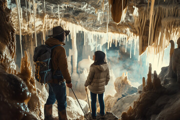 Canvas Print - Family discovering vast cave system