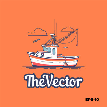 fishing boat line logo, vector, mascot, character, cartoon, illustration