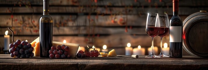 Aufkleber - Two glasses of red wine, two bottles of wine, cheese, and grapes arranged on a wooden table, lit by candlelight in a wine cellar. Generative AI