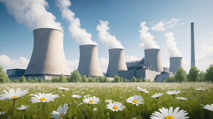 Nuclear power plant with cooling towers, steam and chimneys on green meadow with flowers. Nuclear, zero emission, clean energy concept	