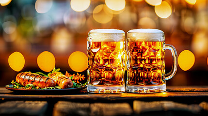 Two mugs of beer and plate with bratwurst on a wooden table in an outdoor bar at Oktoberfest on bokeh background. Copy space.