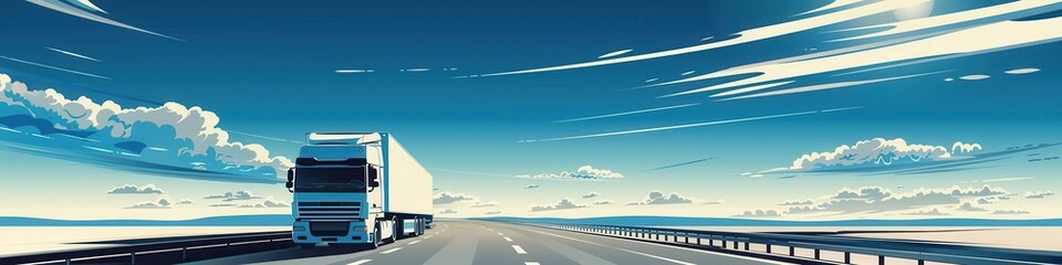 Poster - A white semi-truck drives on a highway under a bright blue sky with white clouds. Generative AI