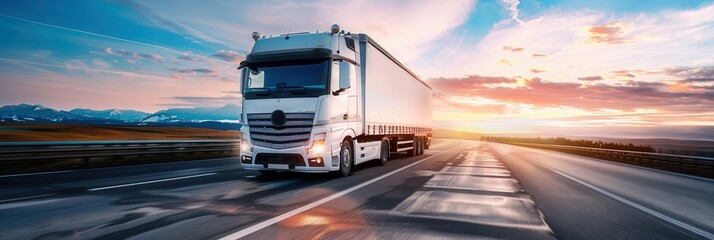 Poster - A white semi-truck drives on a highway with a wide-open horizon and a vibrant sunset sky. Generative AI