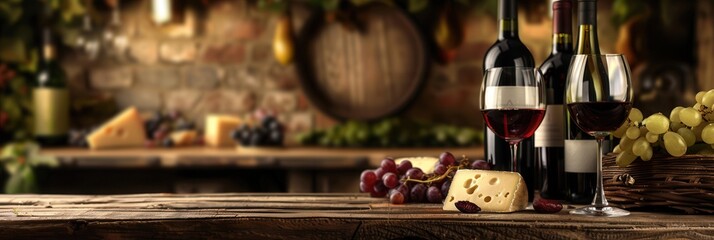 Aufkleber - A rustic wooden table holds a glass of red wine, a bottle of red wine, grapes, and a wedge of cheese. In the background, a wine cellar with barrels and stacked bottles can be seen. Generative AI
