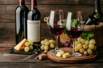 Aufkleber - Two full wine glasses, wine bottles, cheese, grapes, and a corkscrew on a wooden table. Generative AI
