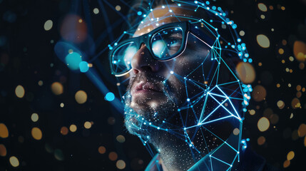 Wall Mural - Man With Digital Network Overlay and Bokeh Lights