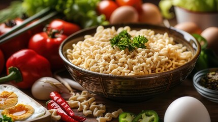 Poster - A bowl of cooked instant noodles sits on a kitchen table surrounded by fresh ingredients including vegetables, herbs, and eggs. Generative AI