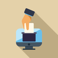 Poster - Hand putting a voting ballot in a box on a desktop computer screen, online voting and election concept