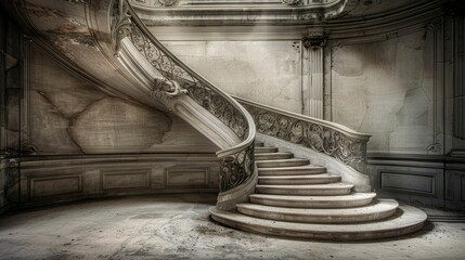 A view of a grand staircase in an abandoned mansion showcasing t