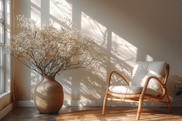 Rattan chair with white cushion beside large decorative vase indoors