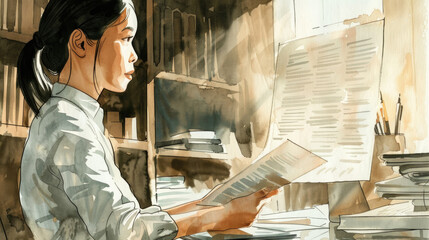 Poster - Woman Reading Paper Documents in a Home Office During the Day
