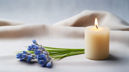 Canvas Print - Candle and muscari flower on linen cloth