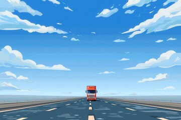 Poster - A red semi-truck drives down a long, straight highway on a clear, sunny day. White clouds drift across the endless blue sky above. Generative AI