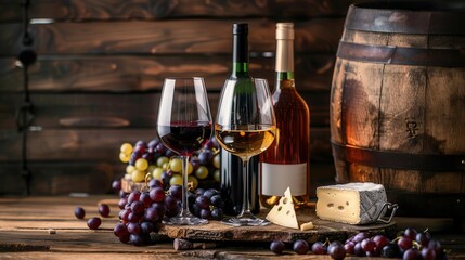 Aufkleber - Two glasses of wine, one red and one white, sit on a wooden table alongside two wine bottles, grapes, and cheese. Generative AI