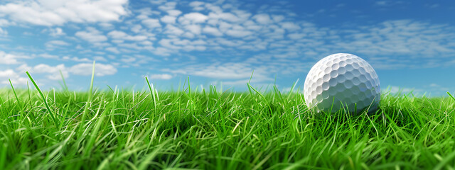 Poster - conceptual 3D golf ball on green grass over a blue sky