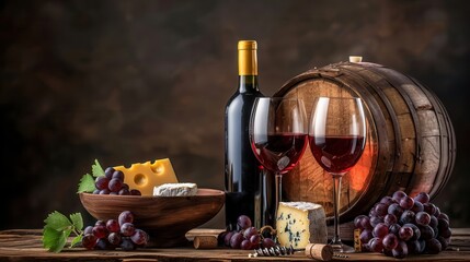 Aufkleber - Two glasses of red wine sit on a wooden table with cheese, grapes, and a bottle of wine in the background. Generative AI