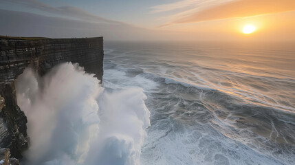 Waves crashing against Downpatrick Head sea stack standing in the atlantic ocean in Ireland during sunset 