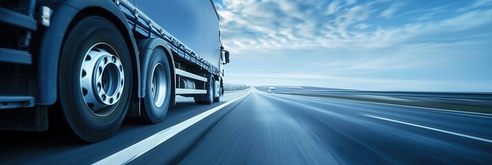 Poster - A semi truck drives along a highway with an open horizon and blue sky, showcasing a sense of vastness and freedom. Generative AI
