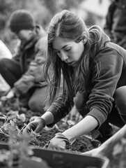 Wall Mural - Woman picking plants in field