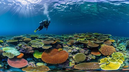 Wall Mural - Underwater diver explores vibrant coral reef.