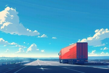 Poster - A red semi-truck drives down a highway with a clear blue sky and white puffy clouds overhead. Generative AI