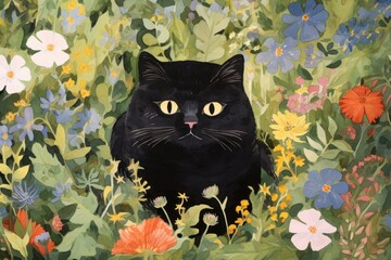 Wall Mural - Chubby cat flower painting animal.