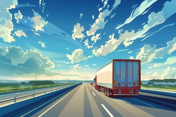 Poster - A semi-truck drives down a highway, with a clear blue sky and puffy clouds above. The horizon stretches out in the distance, with a hint of green trees and fields. Generative AI