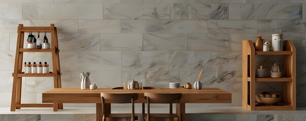 Wall Mural - A kitchen podium background with a wooden stand for food products. The scene includes an empty wooden platform on a table, ideal for display. The kitchen has a counter, white light, marble elements, a