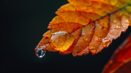 Sticker - Close-up of an autumn leaf with a droplet of water. The vivid colors and details depict the beauty of the fall season. 