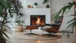 © Viktor - A cozy living room featuring a fireplace, chair, and two potted plants - one in front of the fireplace