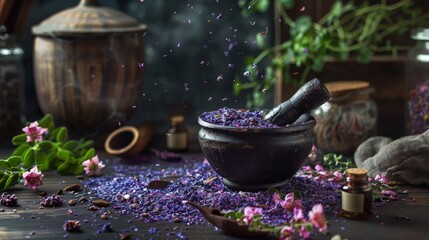 Mortar and pestle with dried flowers and herbs