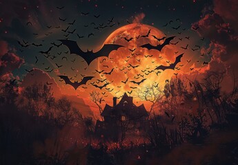 Wall Mural - A spooky house under a giant full moon, surrounded by flying bats and eerie orange and red sky.