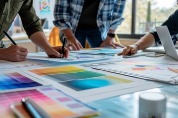 an ux developer and ui designer brainstorm about mobile app interface wireframes and color codes at 