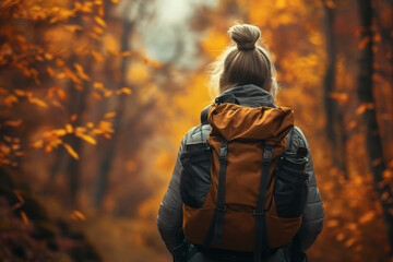 Wall Mural - Solo woman backpacking through forest