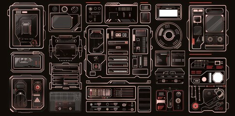 Poster - digital frames with cyber punk digital techno elements. panels, windows, information blocks, frames 