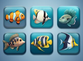 Poster - a cartoon style modern illustration featuring a fish game, ocean underwater, underwater cells, graph