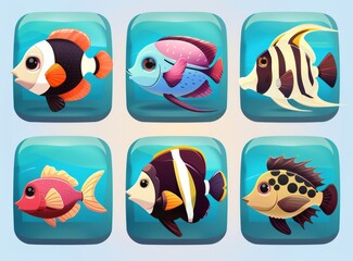 Poster - graphic app interface, colorful element, design, cartoon style modern illustration of fish, ocean un