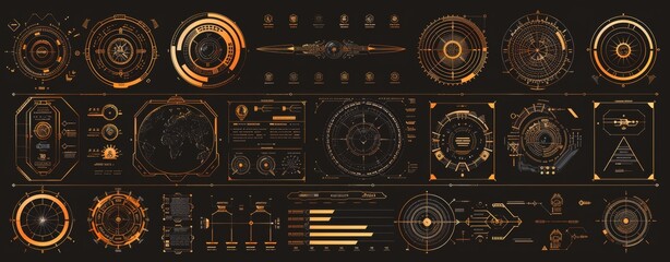 Wall Mural - A big collection of yellow hi-tech elements, HUDs, and interfaces for GUI, UI, and UX design. Futuristic sci-fi interface. Dashboard. Titles on the dashboard. Modern graphics.