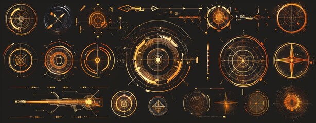 Poster - Yellow hi-tech elements, HUD, interface for GUI, UI, UX design. Futuristic Sci-Fi user interface. Dashboard display. Callout titles. Modern illustration.