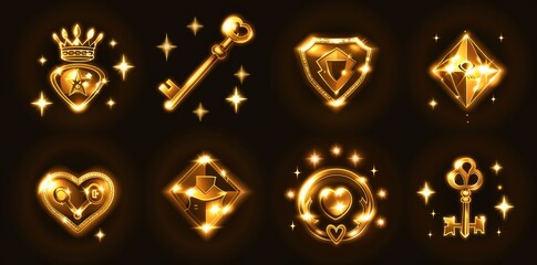 Wall Mural - UI set for mobile casino apps, gold reward trophy kit, glowing crown. Modern treasure assets, inventory items, spark shield, award crown level up prize.