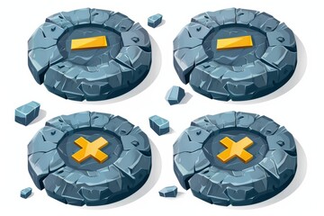 Poster - an icon depicting start and close buttons on a stone circle in comic cartoon style, an interface des