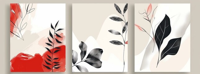 Wall Mural - A set of modern illustrations, with geometric shapes, leaves and branches. Abstract posters. A modern painting for an interior.