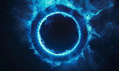 Poster - An abstract sci fi background with a blue circle surrounded by an analog wave and dashed circles that glow in the dark.