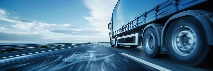 Poster - A semi-truck drives on a highway with a wide horizon and a blue sky with clouds. Generative AI