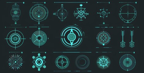 Wall Mural - UI for HUD. Circle target frame for game user interface. Military sniper weapon sight hologram. Modern illustration that focuses on hud interface.