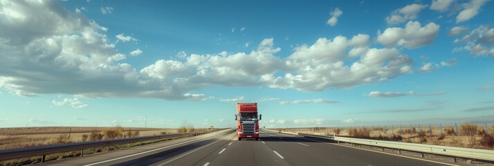 Poster - A red semi-truck drives down a highway under a clear blue sky with white clouds. Generative AI
