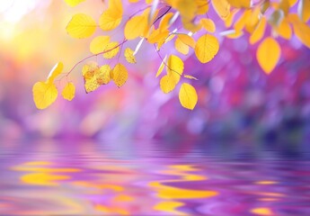 Wall Mural - Blurred autumn background with yellow leaves and purple colors reflecting on water creating a tranquil scene. Generative ai