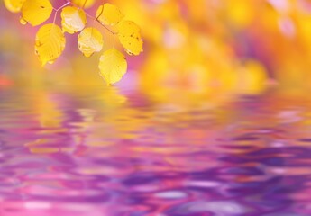Wall Mural - Blurred autumn background with yellow leaves and purple colors reflecting on water creating a tranquil scene. Generative ai