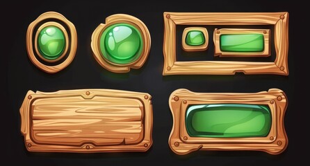 Poster - graphical user interface with glossy effects and wooden buttons.